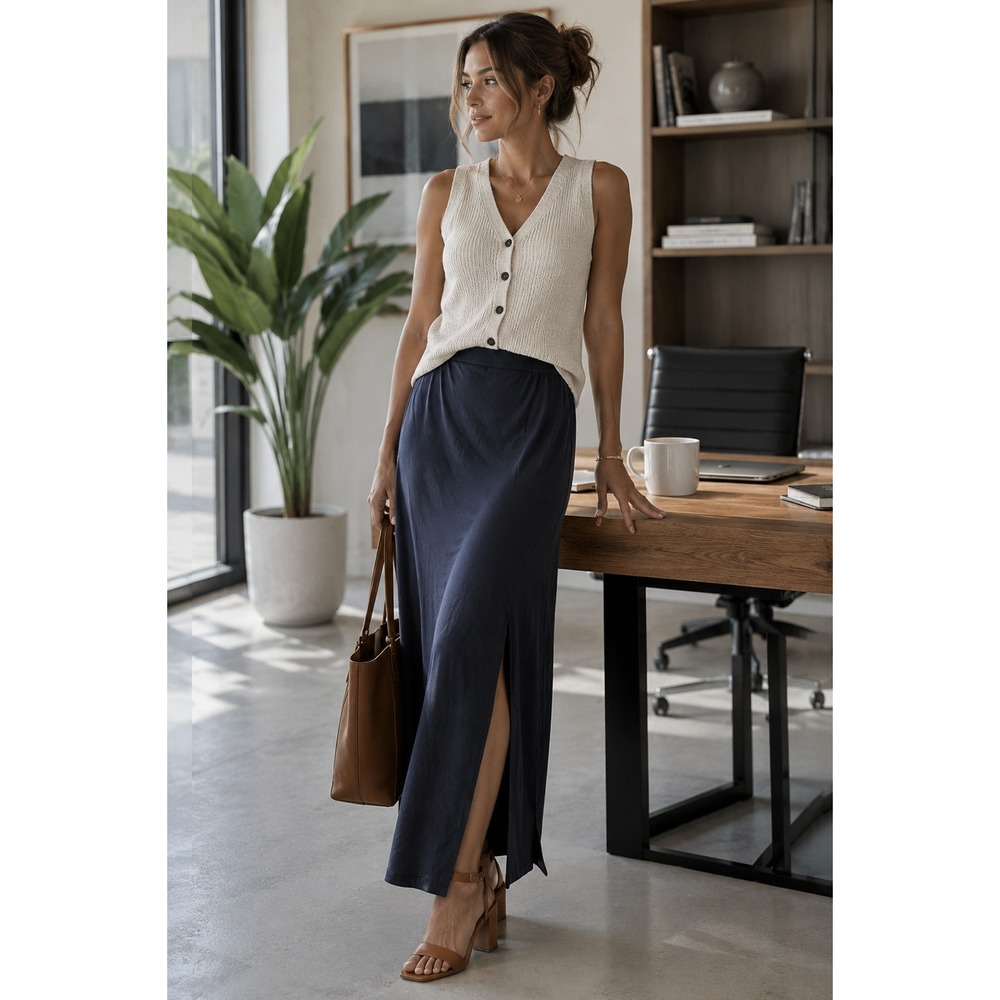 Madewell Navy Midi Skirt with Front Slit